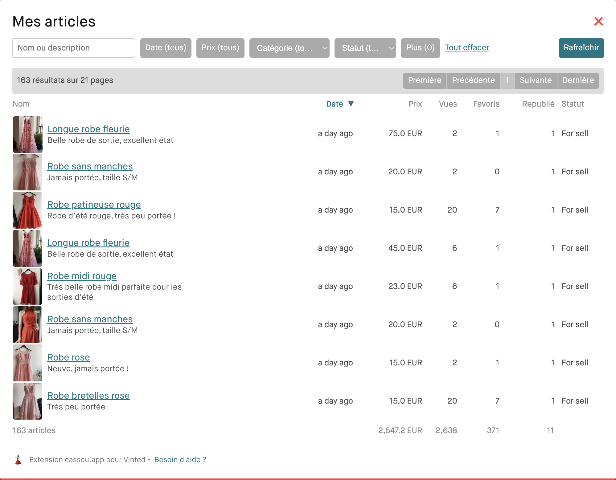 Cassou Pro Closet : rechercher, filtrer et trier ses articles Vinted par date, vues et favoris